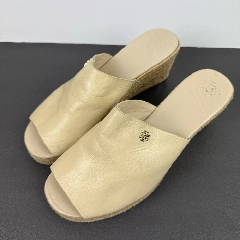 Tory Burch Landon Espadrille‎ Wedge 7.5 Tan Cream Slip On Womens Wedge